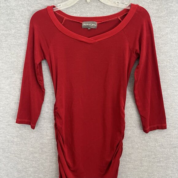 Michael Stars Ruched Bodycon Dress Size S 3/4 Sleeve VNeck Mini Stretch Deep Red - Picture 2 of 12